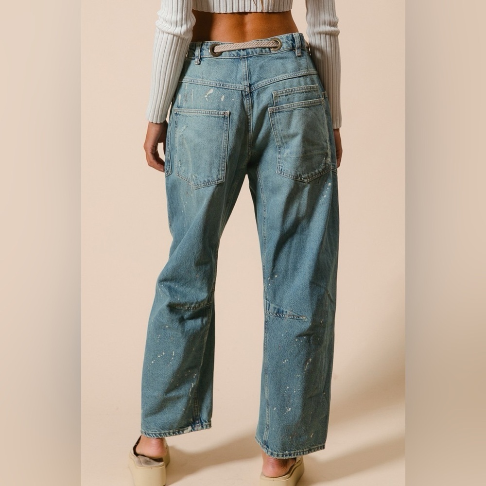 NWT BRAIDED WAIST BELT DRIP PAINTING DETAIL WASHED DENIM PANTS BARREL JEANS - Picture 8 of 14